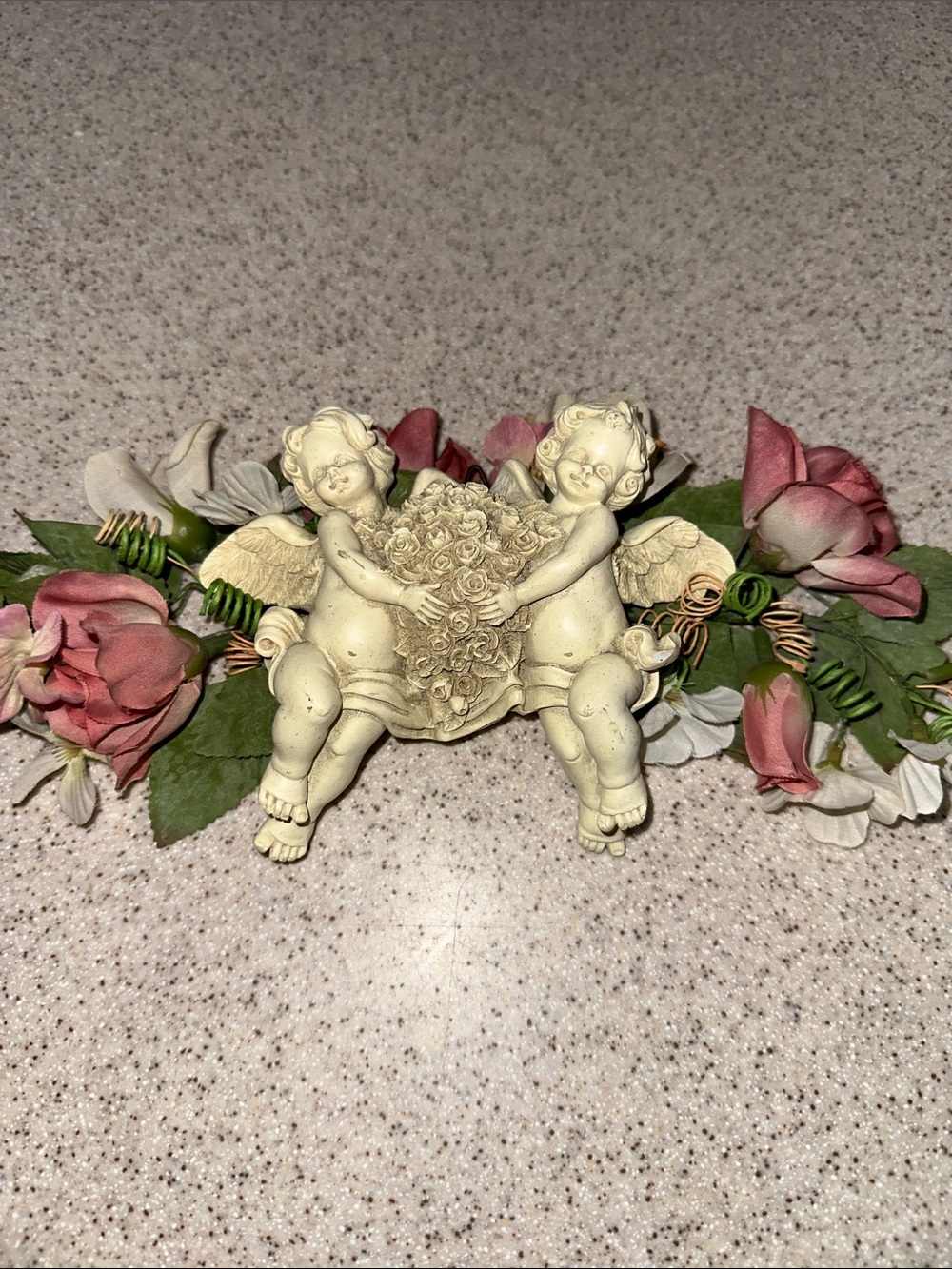 Vintage Cherub Wall Accent with Pink Floral Garland - Wall Hanging Angels Roses
